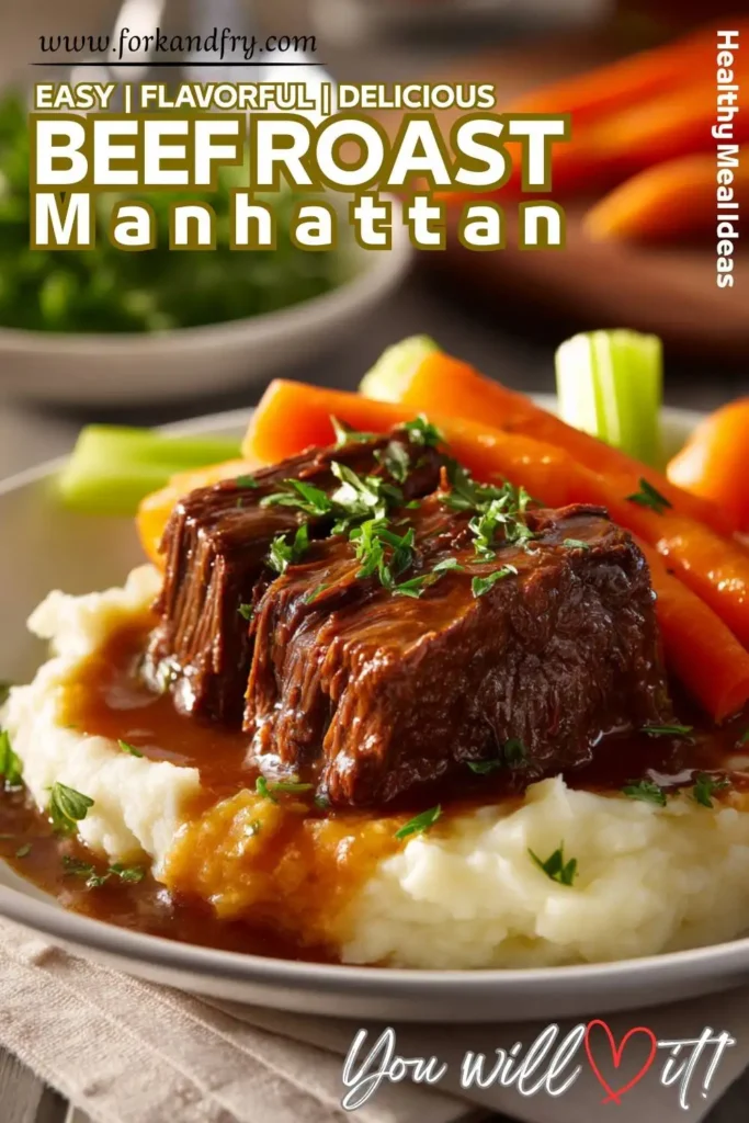 Fork-tender beef roast in gravy packed in a glass meal prep Fork-tender beef roast in gravy packed in a glass meal prep container.