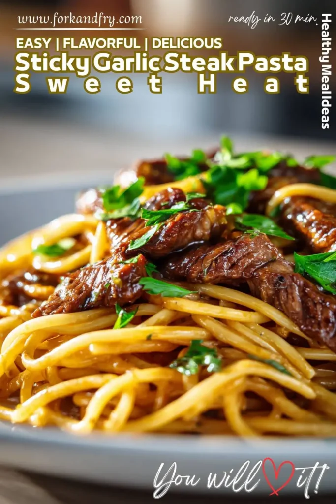 Garlic soy-glazed steak pasta without cream Two plates of sticky garlic steak pasta set on a cozy dinner table with candles
