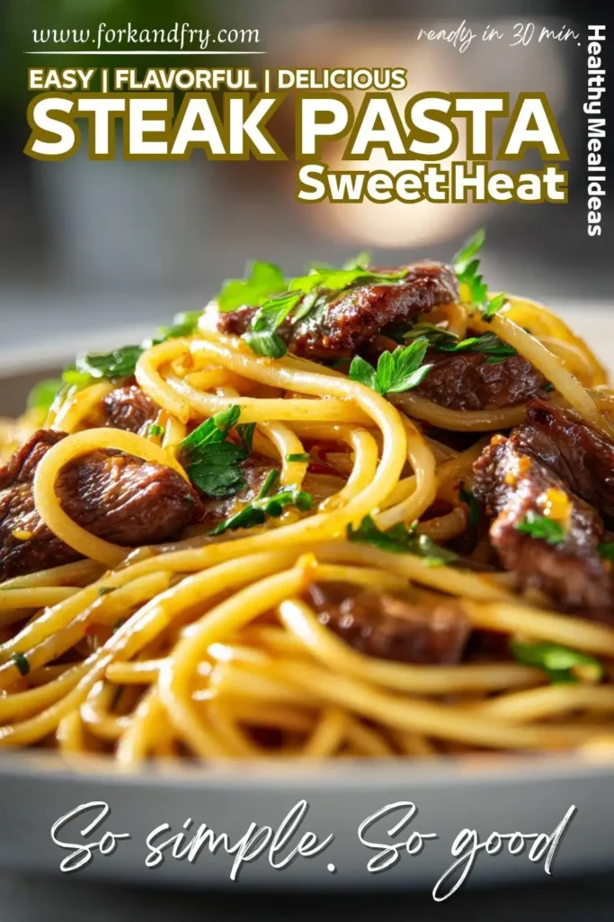 Garlic steak pasta with sweet soy glaze and red pepper flakes Sweet and spicy garlic steak pasta portioned into glass meal prep containers with herbs on top.