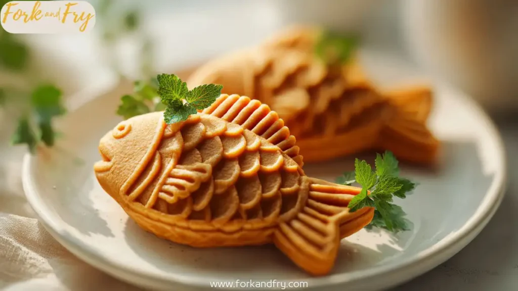 Nutella-stuffed Taiyaki fish cake with crispy golden crust on white plate