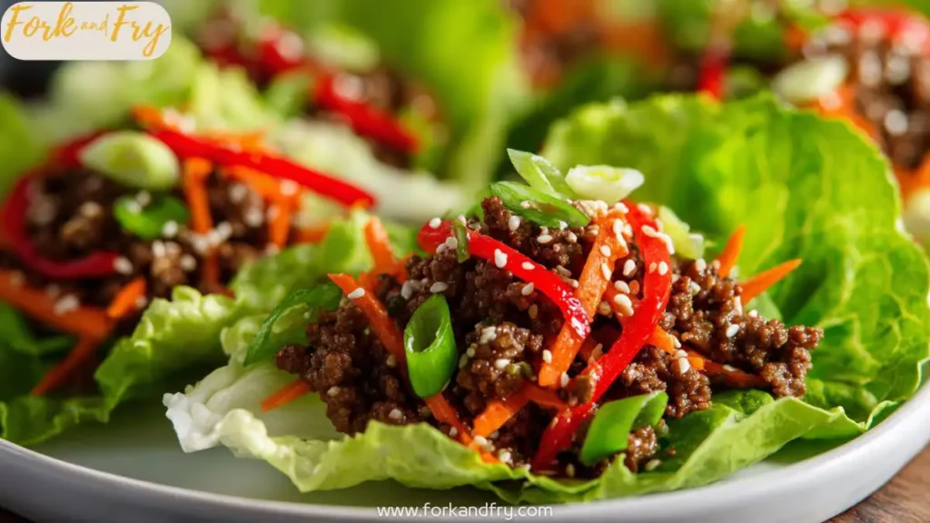 Fresh and healthy ground beef lettuce wraps with sesame-ginger sauce