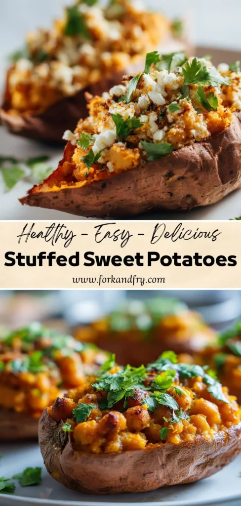 Close-up of a healthy vegetarian stuffed sweet potato dish