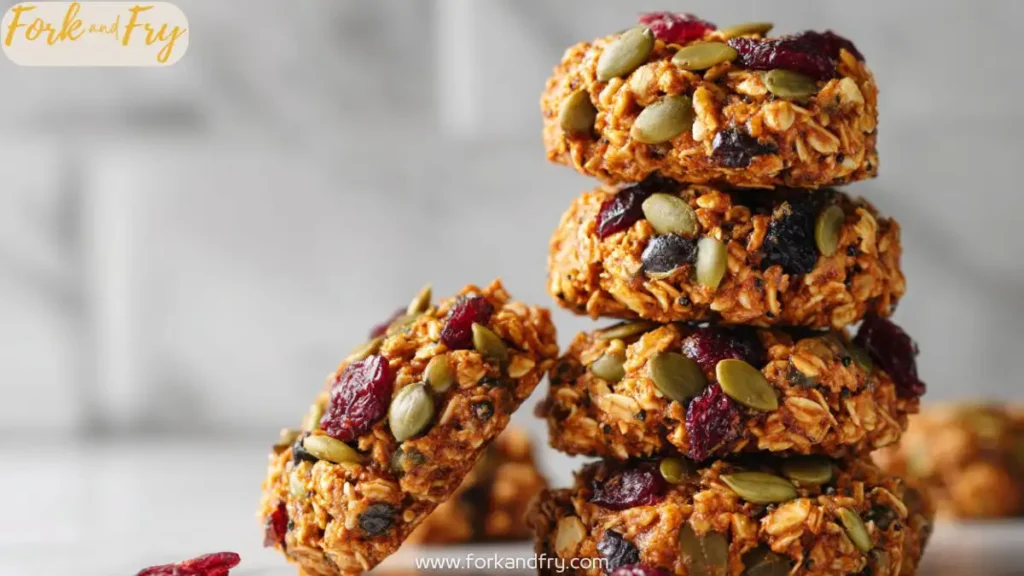 Chewy pumpkin breakfast cookies with oats, cranberries, and seeds stacked on marble