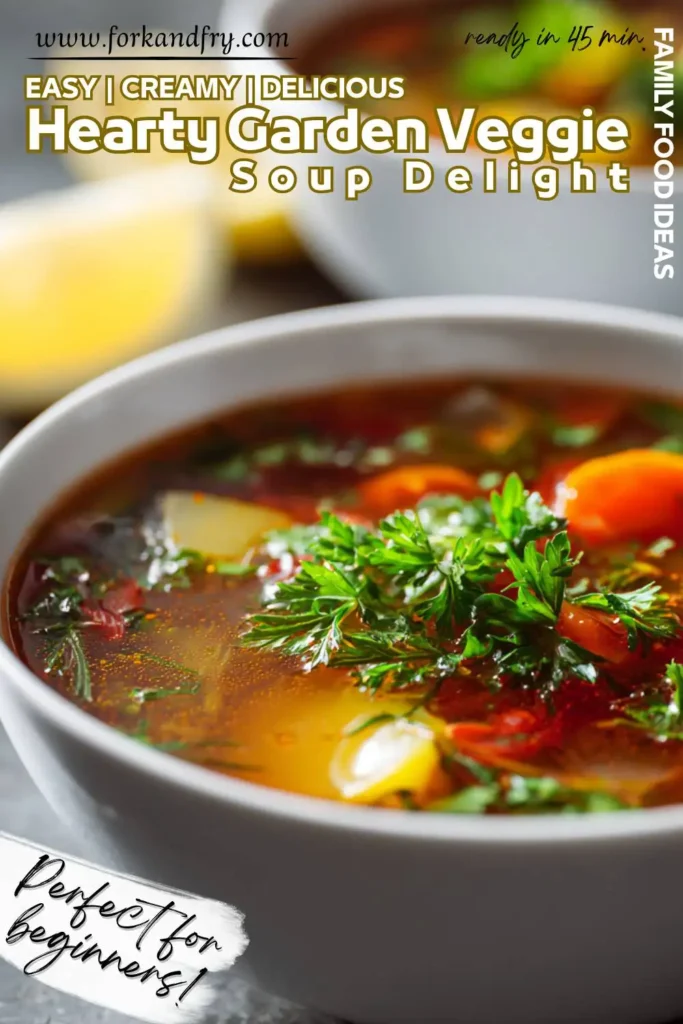 Healthy Veggie Soup for Meal Prep Close-up of hearty veggie soup with colorful vegetables in broth, garnished with herbs in a white ceramic bowl.