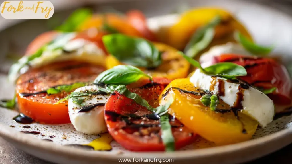 Fresh heirloom tomato salad with mozzarella, basil, and balsamic glaze on ceramic plate