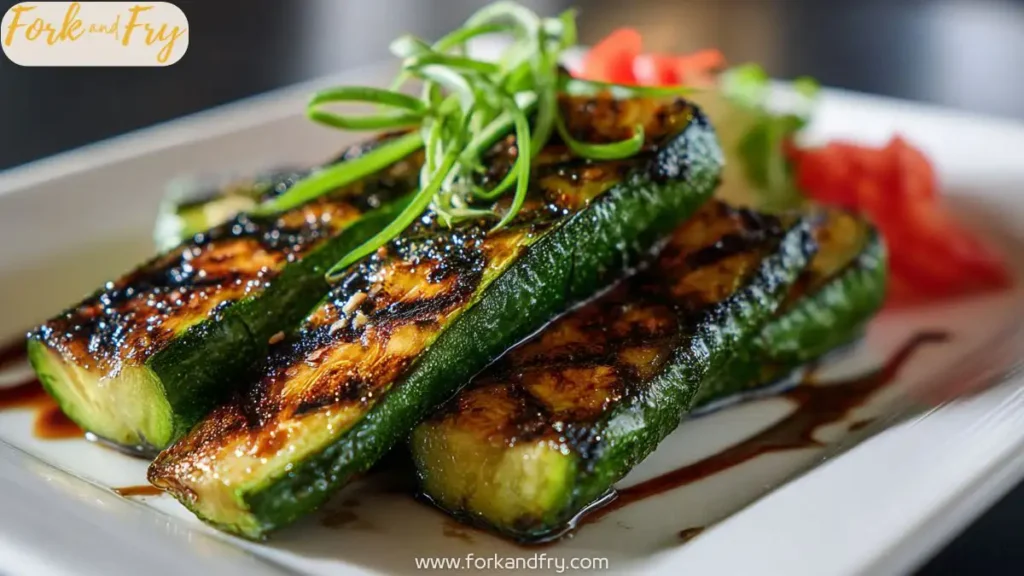 Sautéed hibachi zucchini and onions with sesame seeds on a white plate