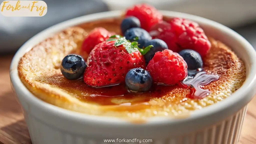 Single-serve baked protein pancake in ramekin, topped with fruit