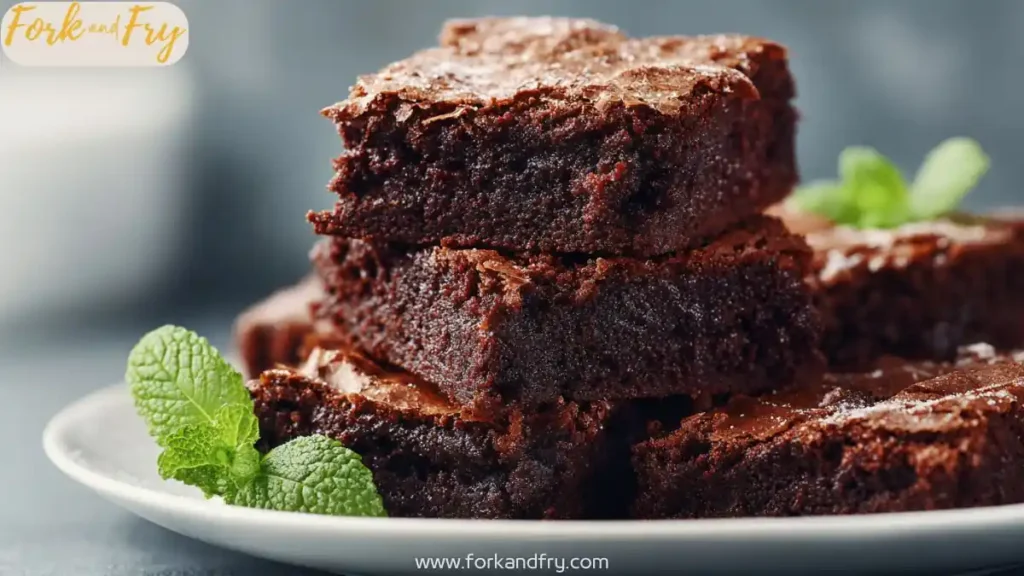 Gooey, fudgy brownies cooling in a baking dish with cracked tops.