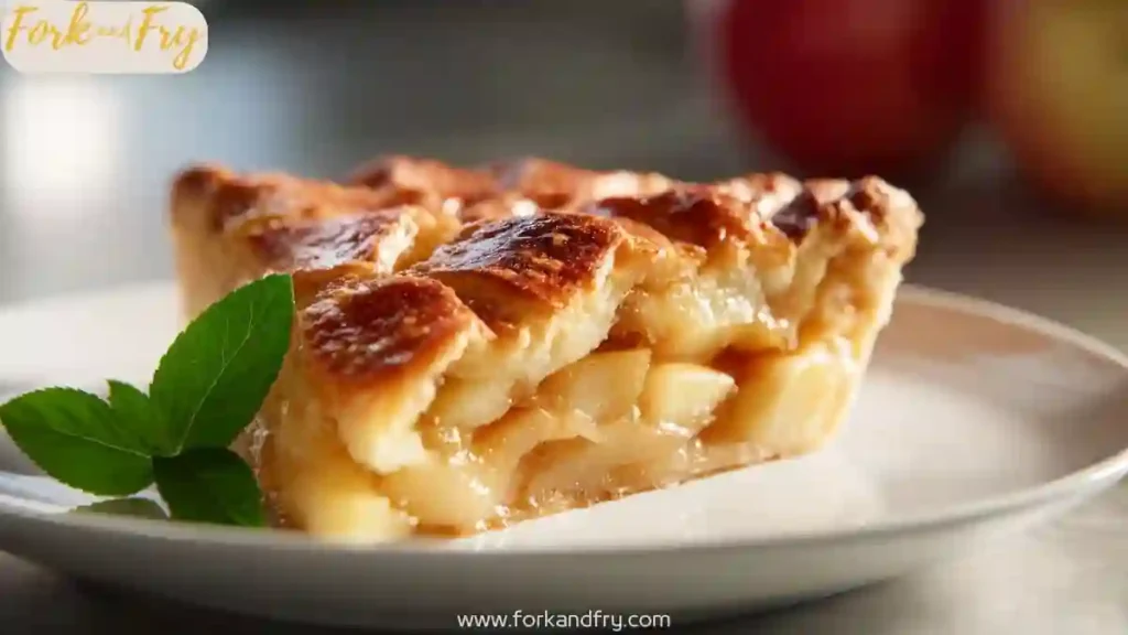 Golden apple pie with flaky crust on a white plate