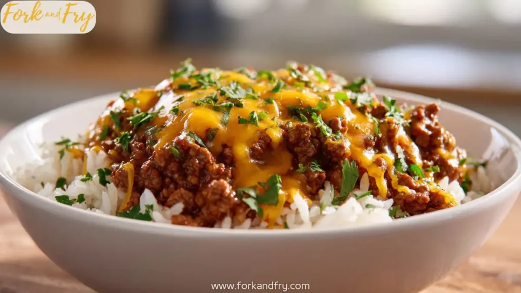 Close-up of cheesy taco rice with ground beef in a white bowl
