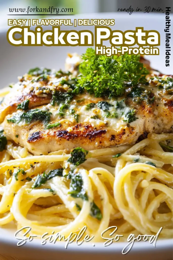 Lightened-up chicken pasta with creamy garlic Parmesan sauce