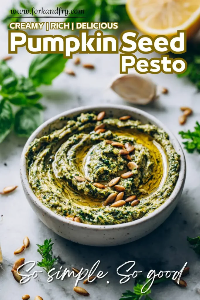 Low-Waste Vegan Pesto Sauce No Nuts Spoon dipping into green pesto sauce in a white bowl