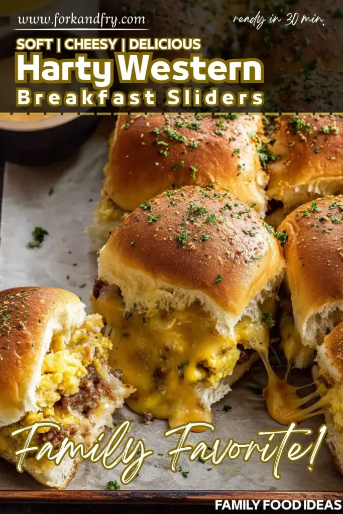 Golden brown breakfast sliders layered with eggs, beef bacon, and cheese in a baking dish.