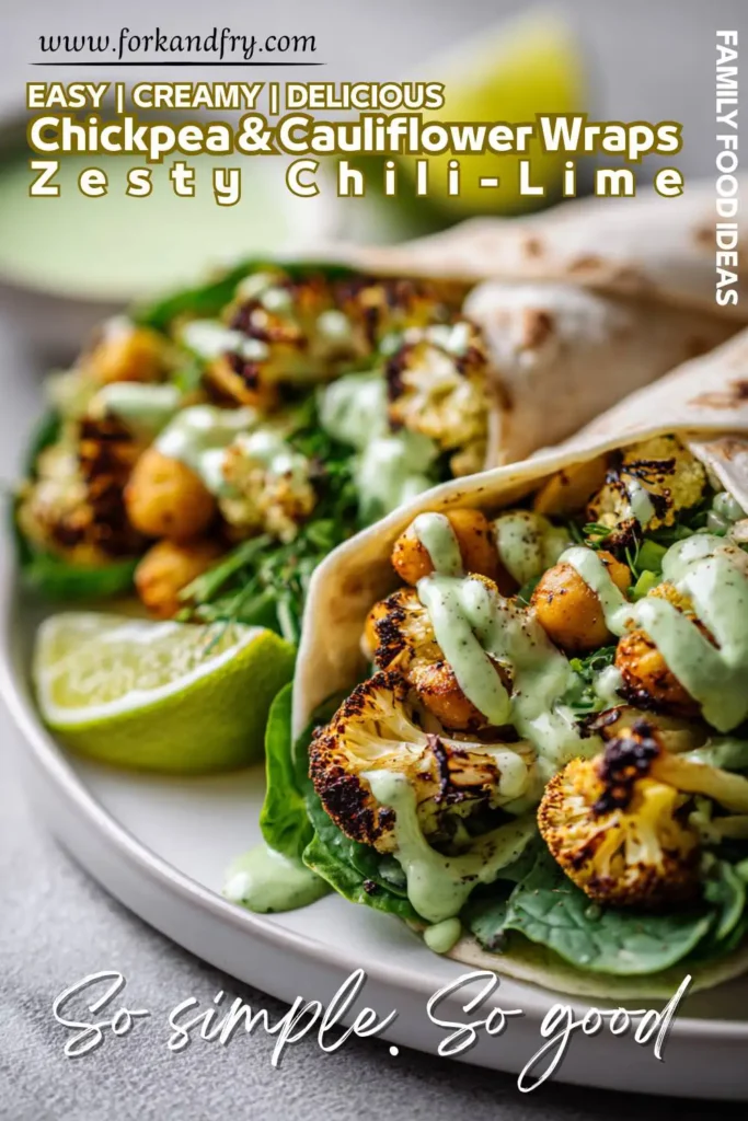 Meatless Chili-Lime Wraps with Avocado Crema Close-up of veggie wraps with creamy avocado sauce and roasted cauliflower.