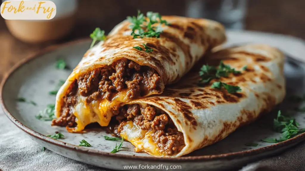 Melty cheesy ground beef wrap sliced in half, showing gooey cheese and seasoned meat.