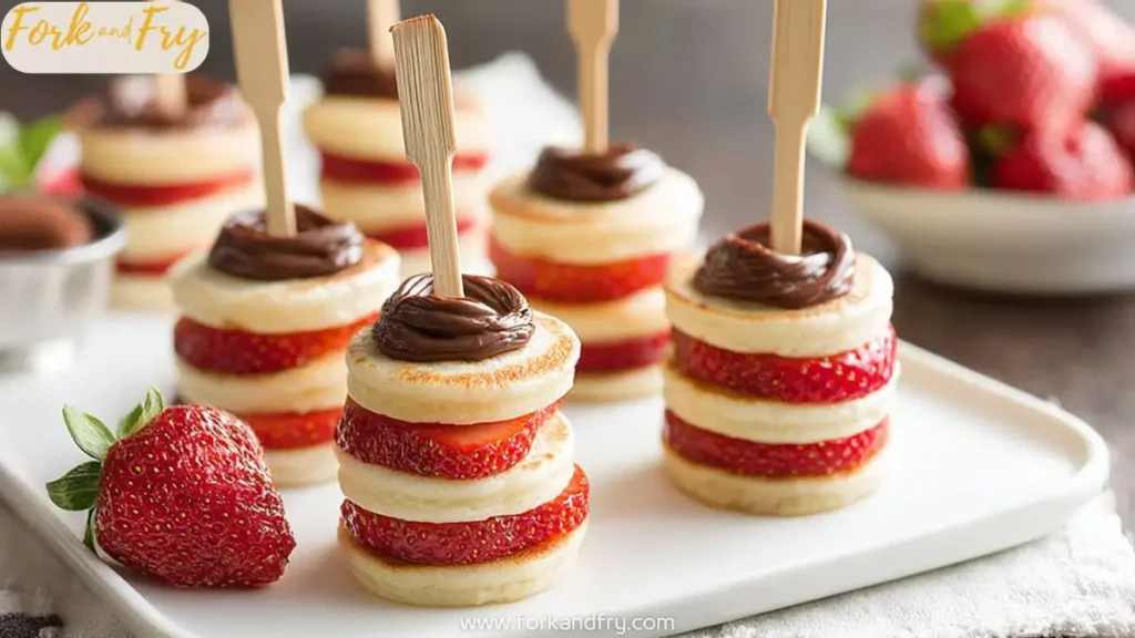Stack of mini pancakes on skewers with strawberries and Nutella