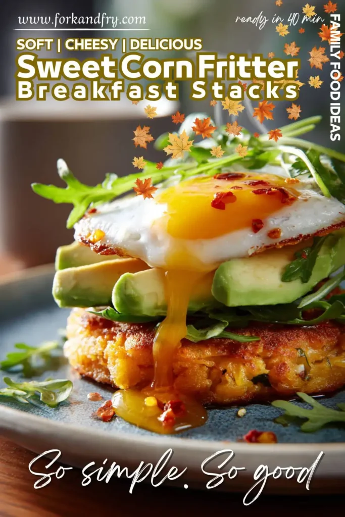 Close-up of a bunless breakfast sandwich using crispy cornmeal fritters as layers.