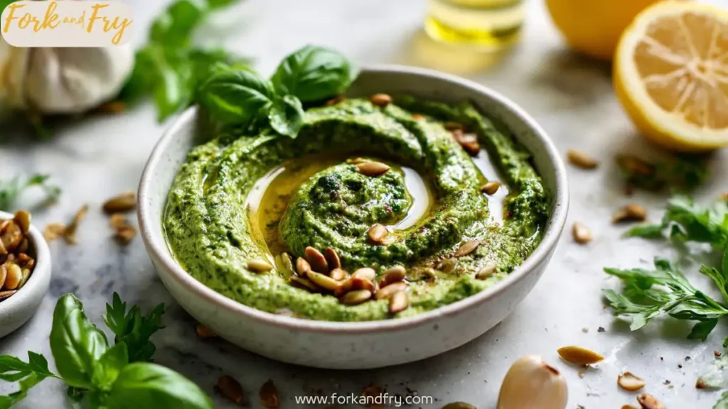 Bright green nut-free vegan pesto made with basil and roasted pumpkin seeds