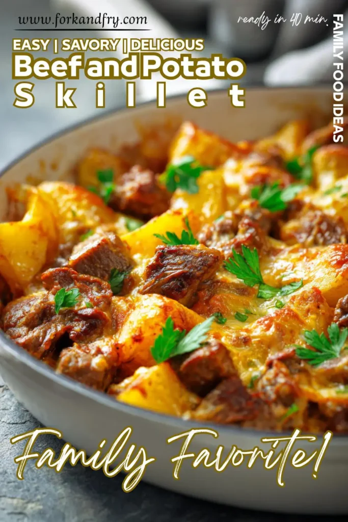 One Pan Cheesy Ground Beef Dinner Hearty ground beef and potatoes cooked in one pan, finished with melted cheese and rustic garnish.