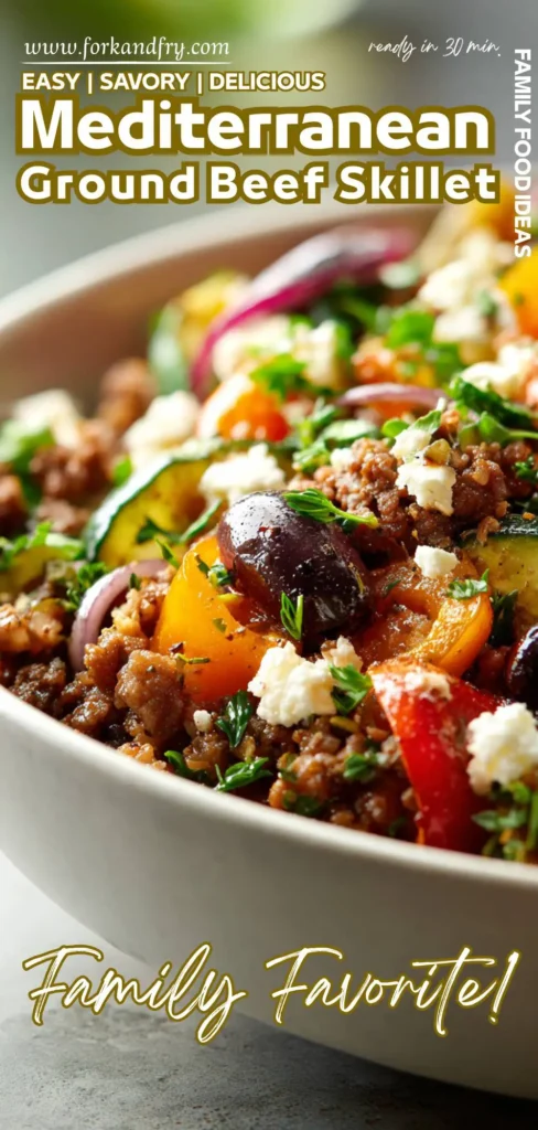Juicy beef stir fry with peppers, zucchini, and feta in a skillet.