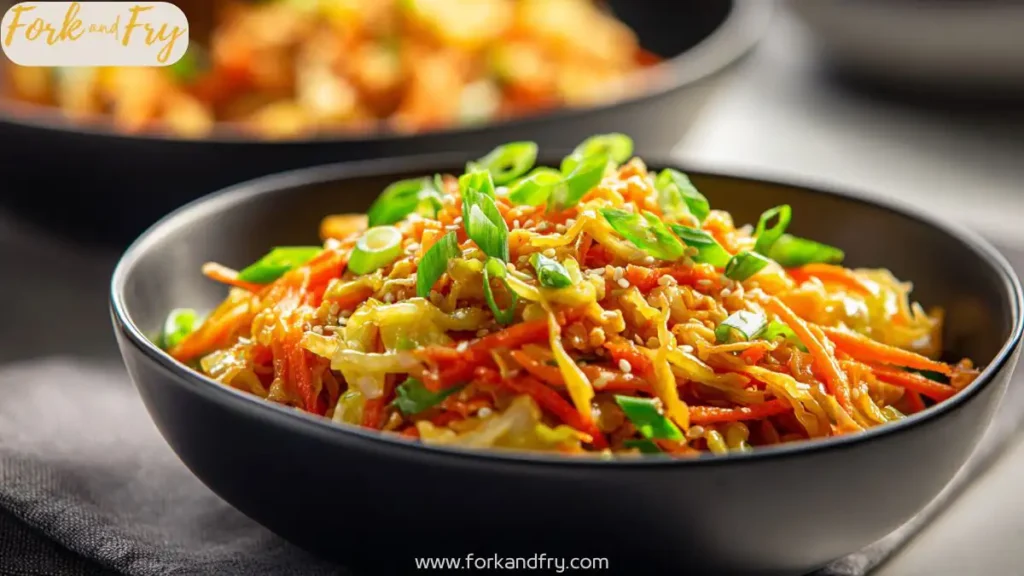 Egg Roll in a Bowl cooking in a skillet with cabbage, ground turkey, and carrots, steaming in sesame soy sauce