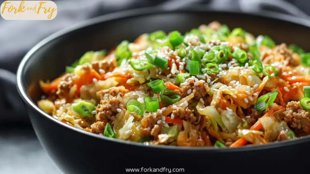A close-up of low-carb egg roll in a bowl topped with green onions in a black bowl.