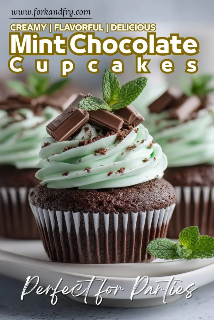 Peppermint Ganache Cupcakes for Holidays Close-up of frosted mint cupcakes with chocolate candy and mint leaves