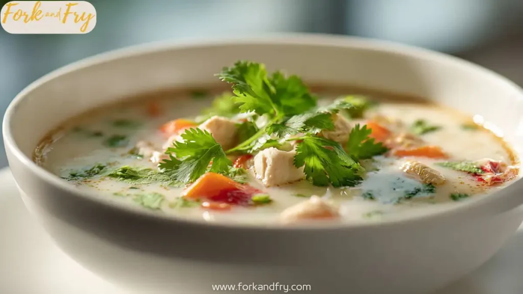 Steaming bowl of creamy Thai chicken soup with lime, carrots, and red pepper