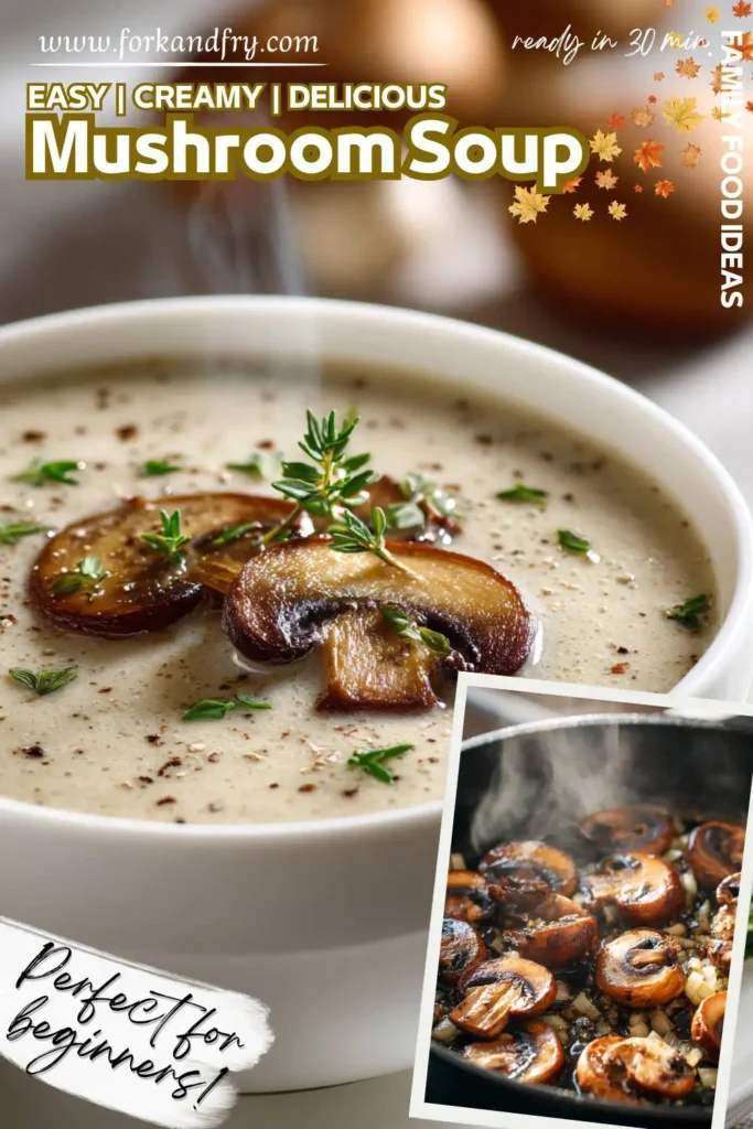 Creamy mushroom soup in a white ceramic bowl, garnished with herbs, ideal for cozy dinners and comfort food lovers.
