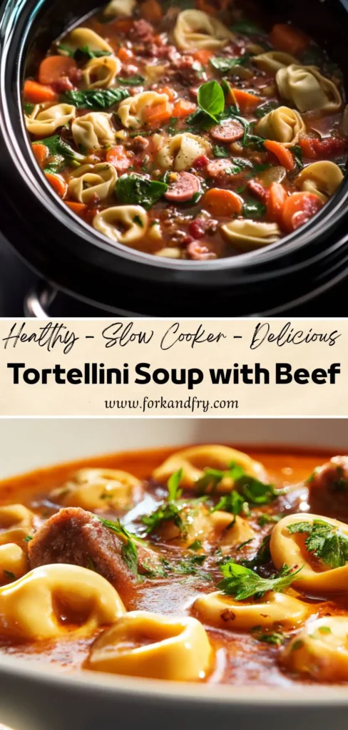Hearty slow cooker tortellini soup with beef and fresh veggies