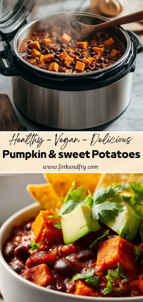 Slow Cooker Sweet Potato Black Bean Chili Pumpkin chili topped with avocado and tortilla chips, served for fall dinner.