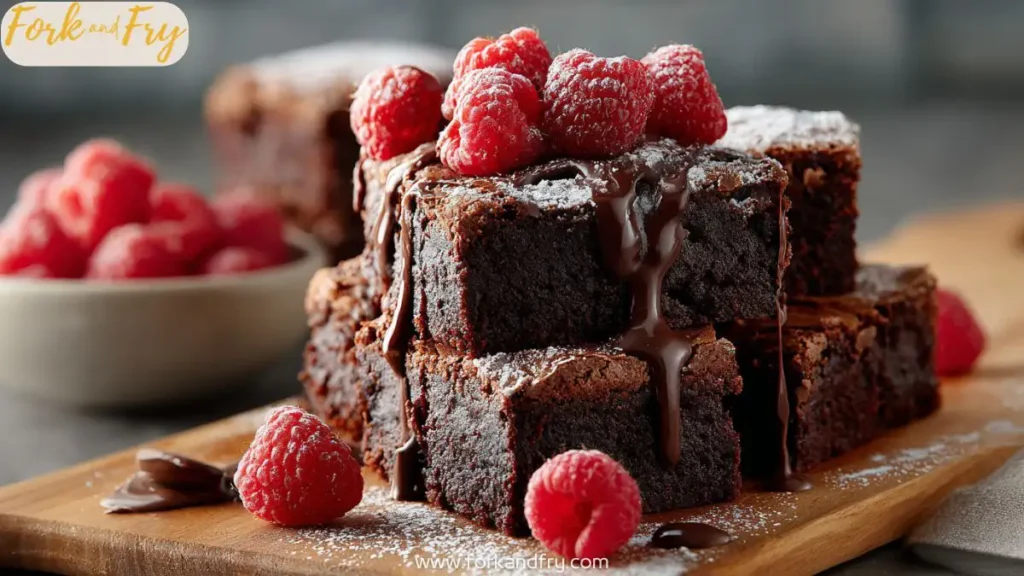 Stack of chocolate brownies topped with raspberries and powdered sugar.