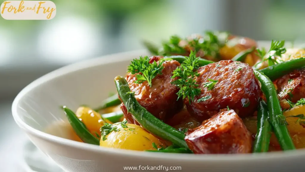 Spicy sausage, green beans, and potatoes slow cooked for a flavorful dinner