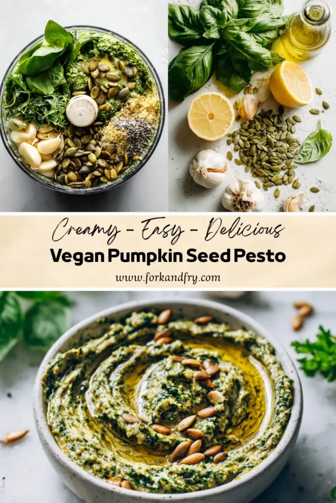 What To Make With Pumpkin Seeds Pesto Creamy pesto in a bowl with basil and lemon on the side