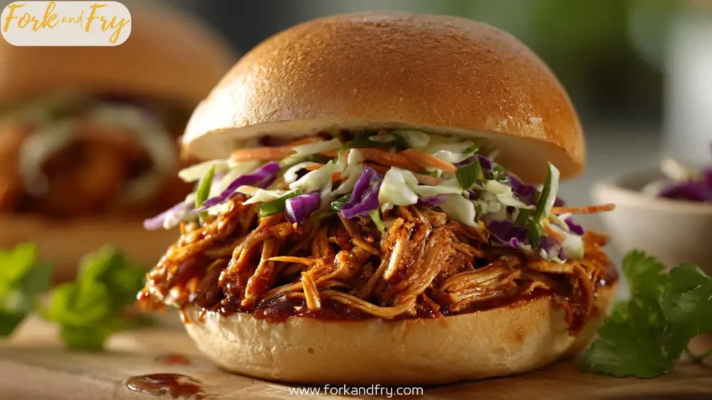 Juicy pulled BBQ chicken served on a bun with fresh slaw and tangy sauce.