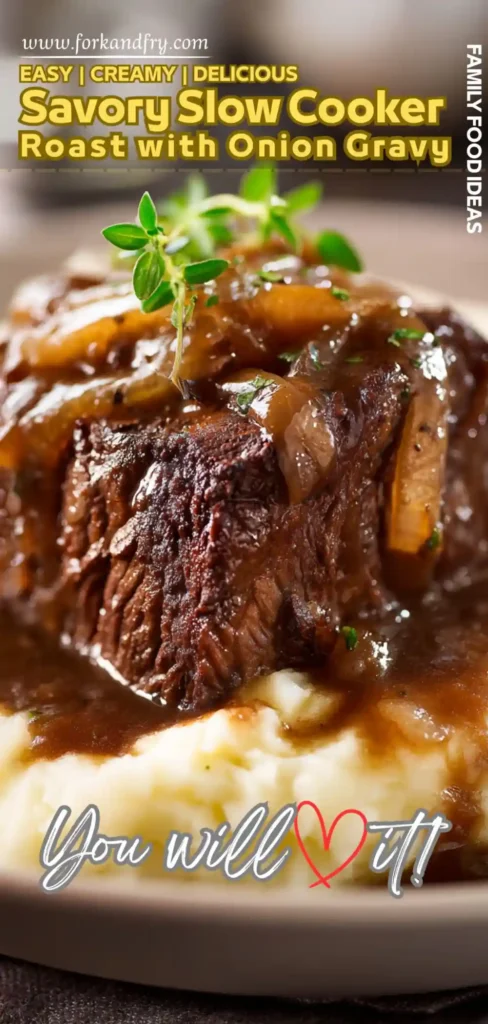 Slow cooked chuck roast with onions and herbs in a bowl