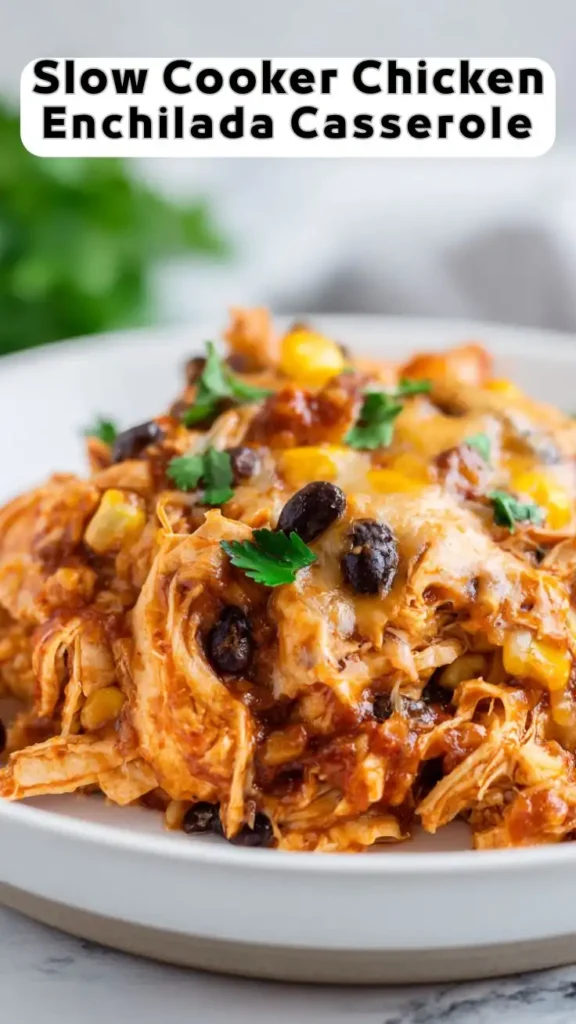 Easy Slow Cooker Chicken Enchilada Casserole with Black Beans and Corn Slow cooker chicken enchilada casserole topped with melted cheese, black beans, corn, and fresh cilantro on a white plate