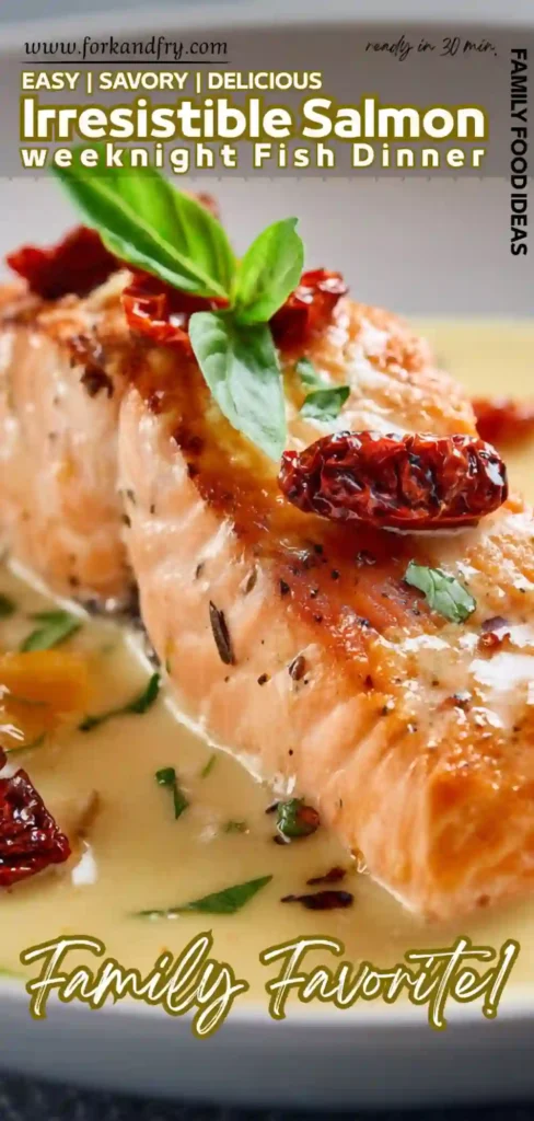 Best Creamy Salmon Dinner Creamy salmon with sun-dried tomatoes in skillet