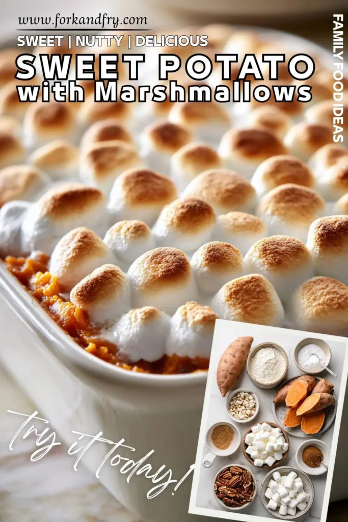 Close-up of sweet potato casserole with golden marshmallows and pecan topping