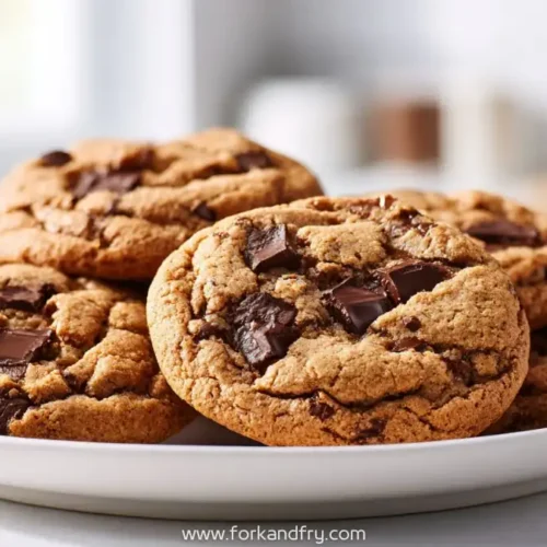 Brown butter chocolate chunk cookies with crisp edges and gooey centre on white plate
