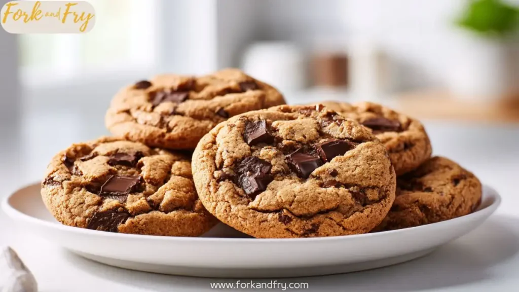 Brown butter chocolate chunk cookies with crisp edges and gooey centre on white plate
