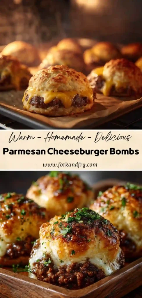 Close-up of golden biscuit bombs stuffed with ground beef and melted cheese.
