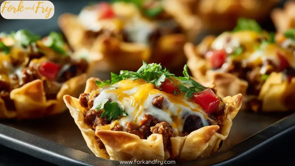 Cheesy taco ranch appetizer bites with ground beef in mini tart shells