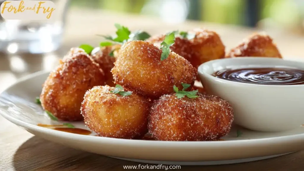 Golden churro bites with caramel dip on white plate