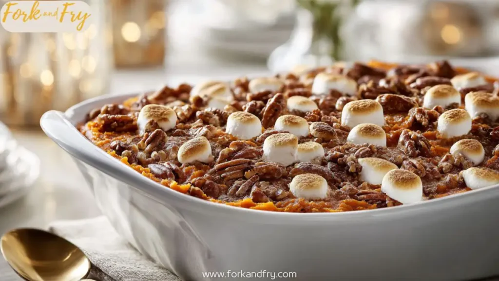 Creamy sweet potato casserole with marshmallows and pecans