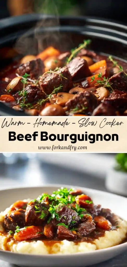 Cozy Crockpot Beef Stew with Wine Hearty beef stew with mushrooms and wine in a slow cooker