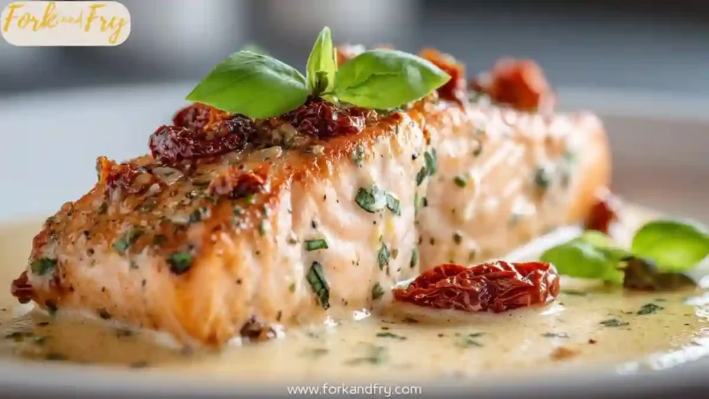Baked salmon with garlic cream sauce and sun-dried tomatoes
