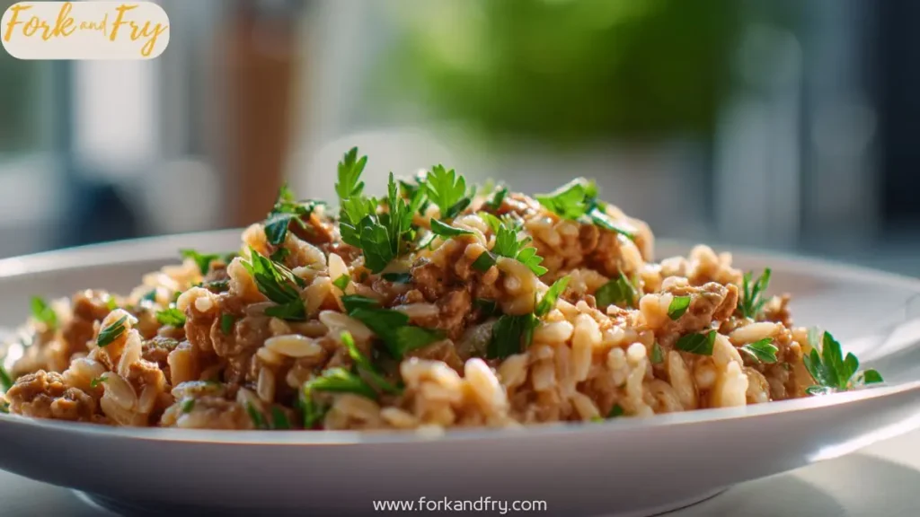 Healthy one-pan turkey orzo dinner with broccoli