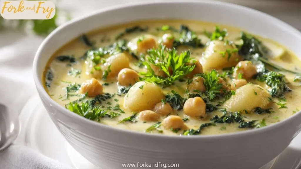 Vegan gnocchi soup with chickpeas and kale in creamy broth, served in white bowl