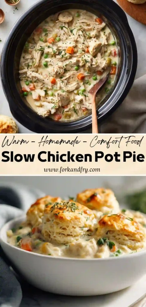 Shredded chicken pot pie filling topped with biscuits